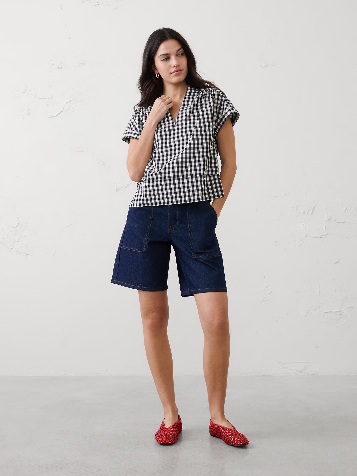 Gingham Split-Neck Top