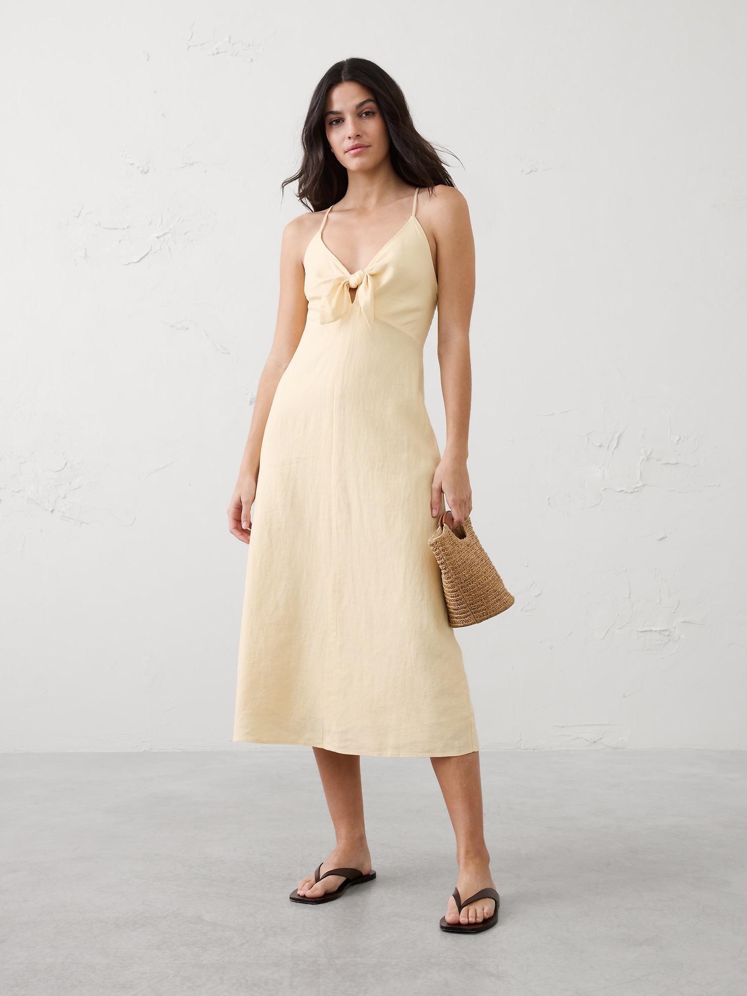 Linen-Blend Tie-Front Midi Dress