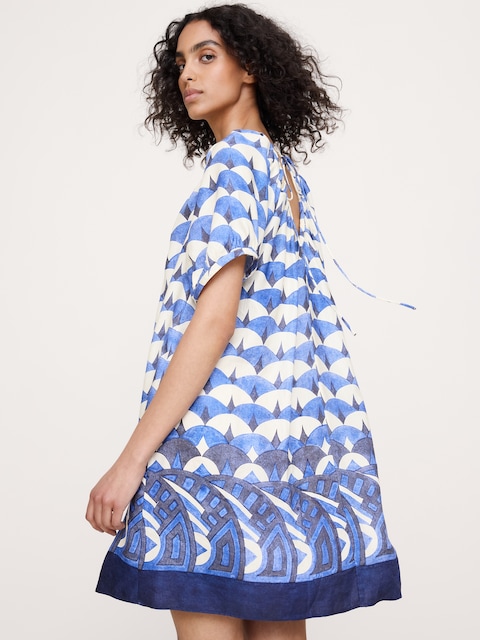 ROBE COURTE À MANCHES BOUFFANTES EN LIN ET VISCOSE