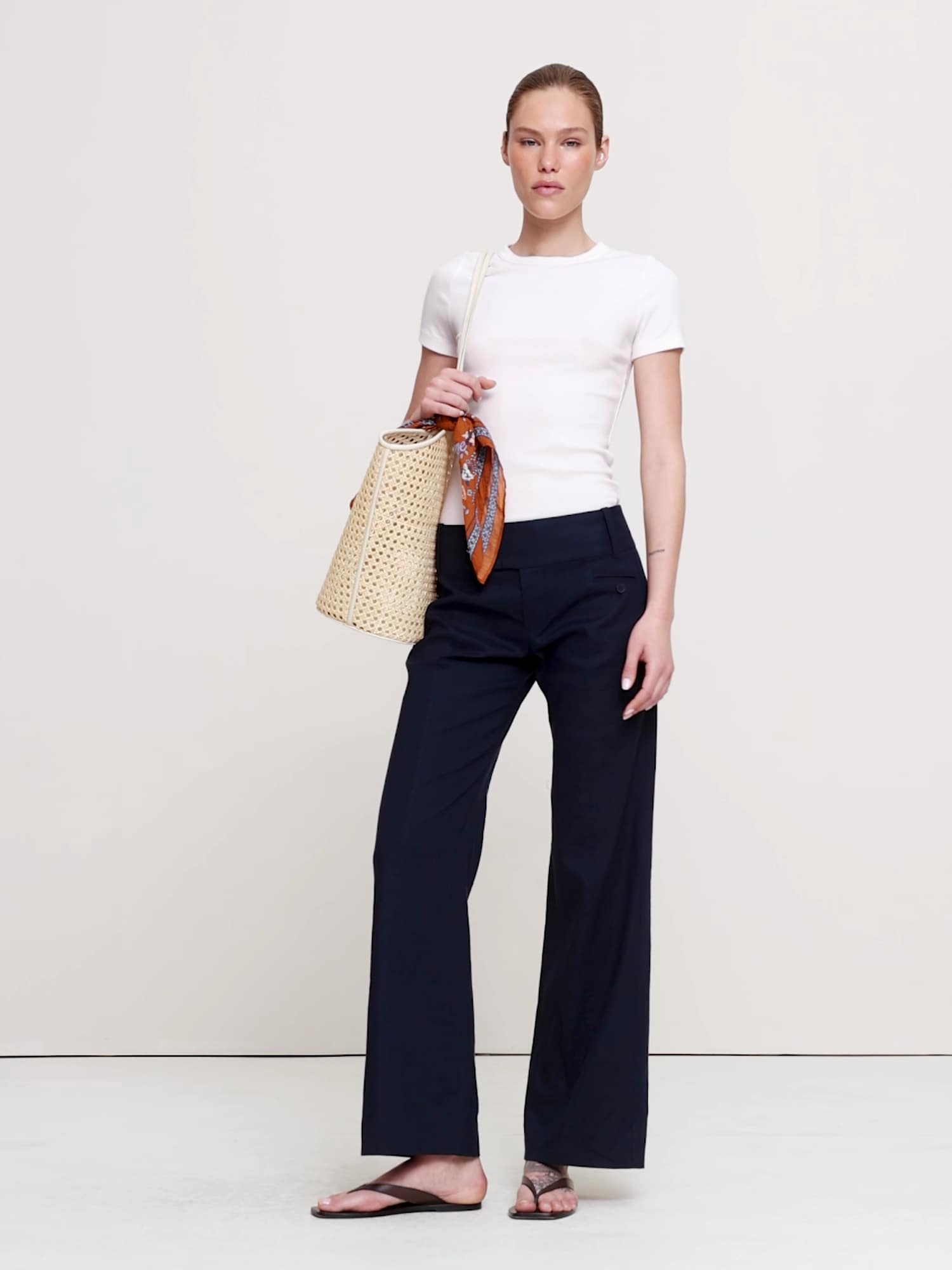 ローライズ ワイドレッグ ストレッチ リネン ビスコース パンツ-5