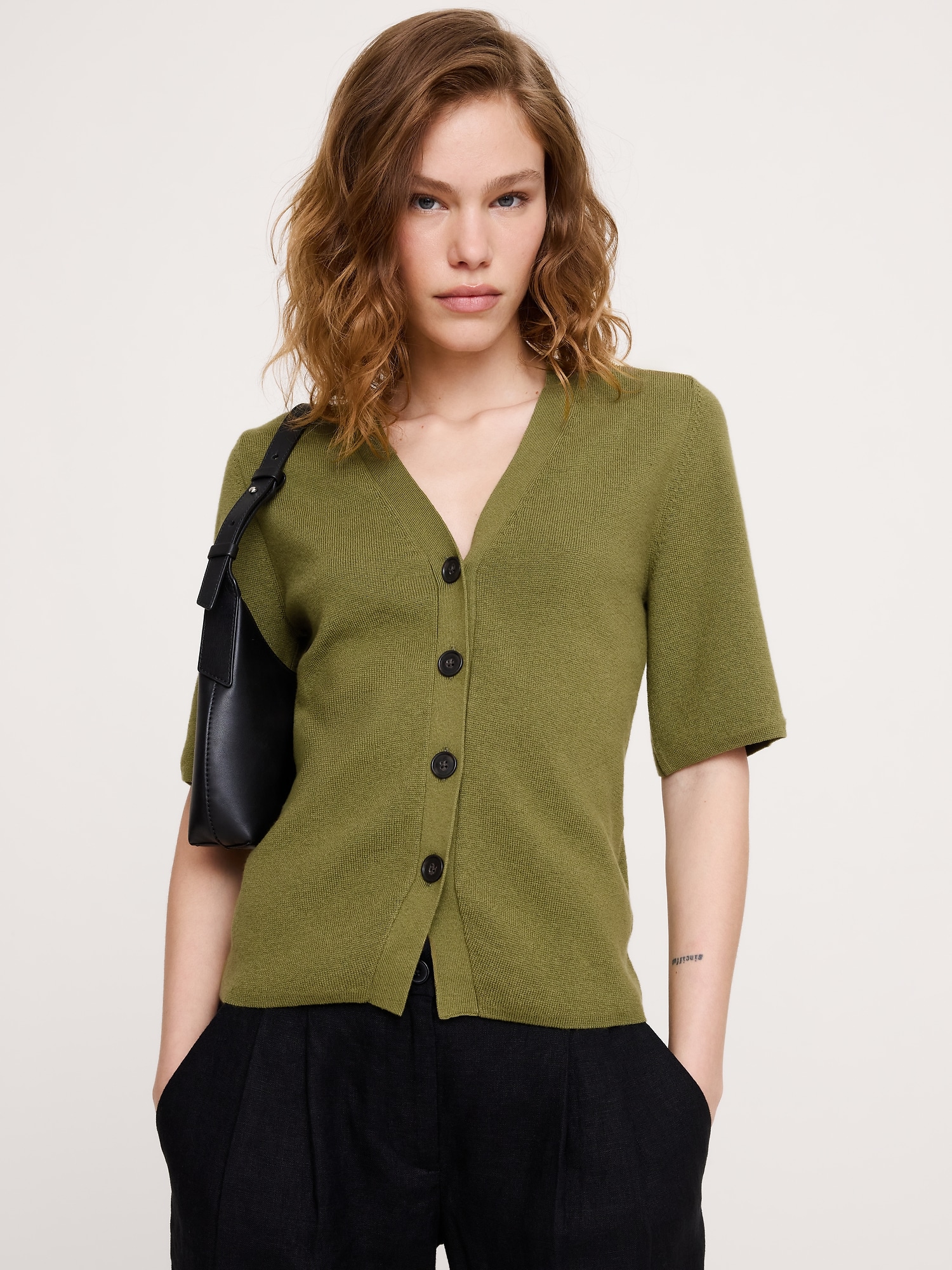 CARDIGAN À MANCHES COURTES EN COTON ET SOIE PIED D'ALOUETTE