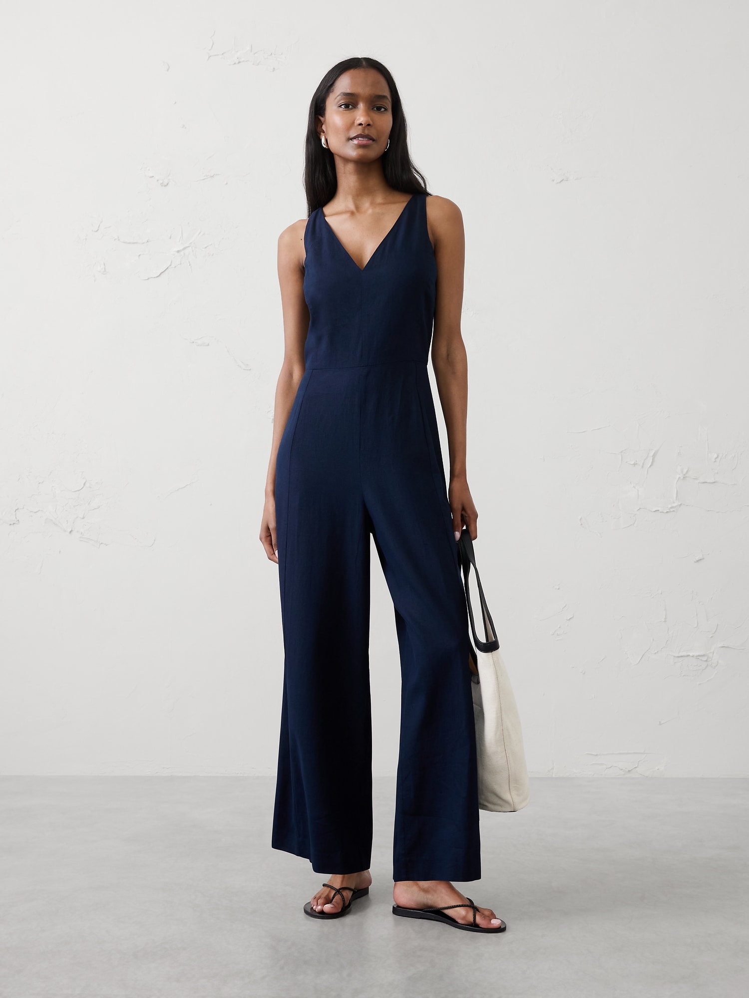 Linen-Blend V-Neck Jumpsuit