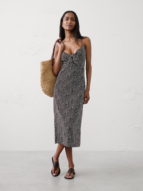 Linen-Blend Tie-Front Midi Dress