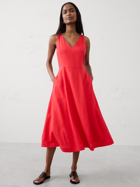 Linen-Blend Drapey Midi Dress