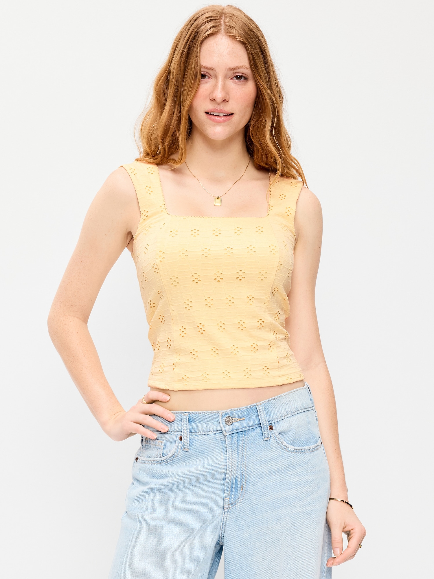 Seamed-Bodice Eyelet Tank Top