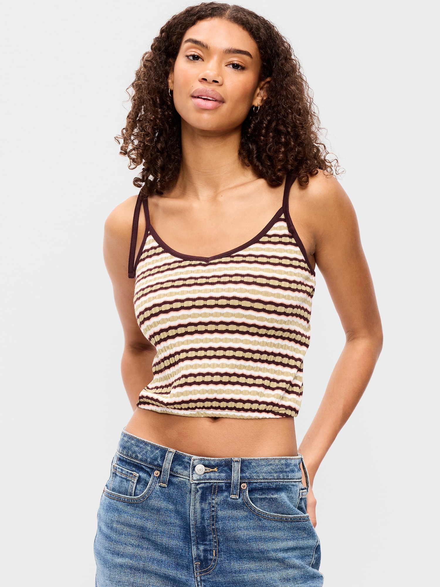 Sleeveless Pointelle Tie-Strap Tank Top