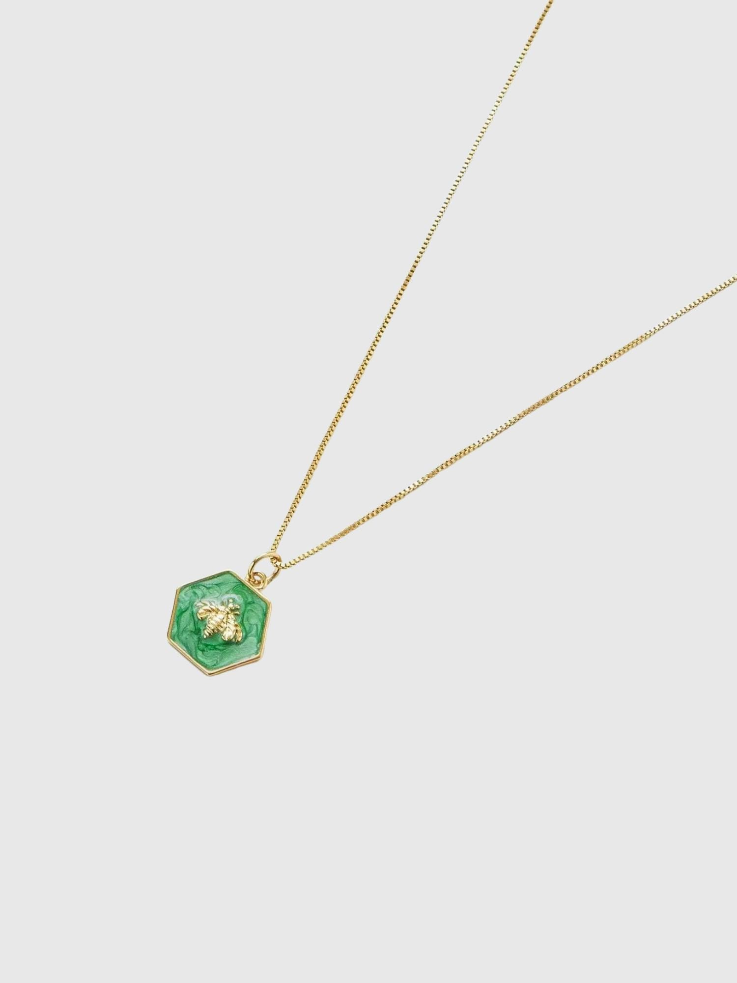 Green Hexagon Gold Bee Necklace