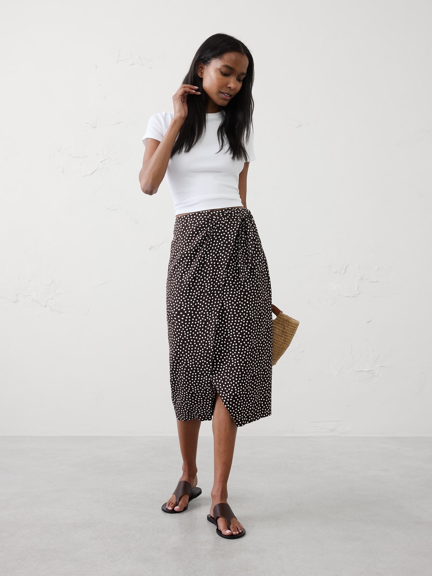 Linen-Blend Faux-Wrap Midi Skirt