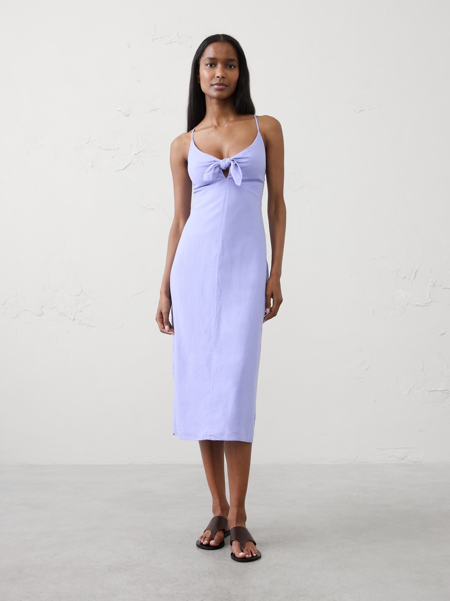 Linen-Blend Tie-Front Midi Dress