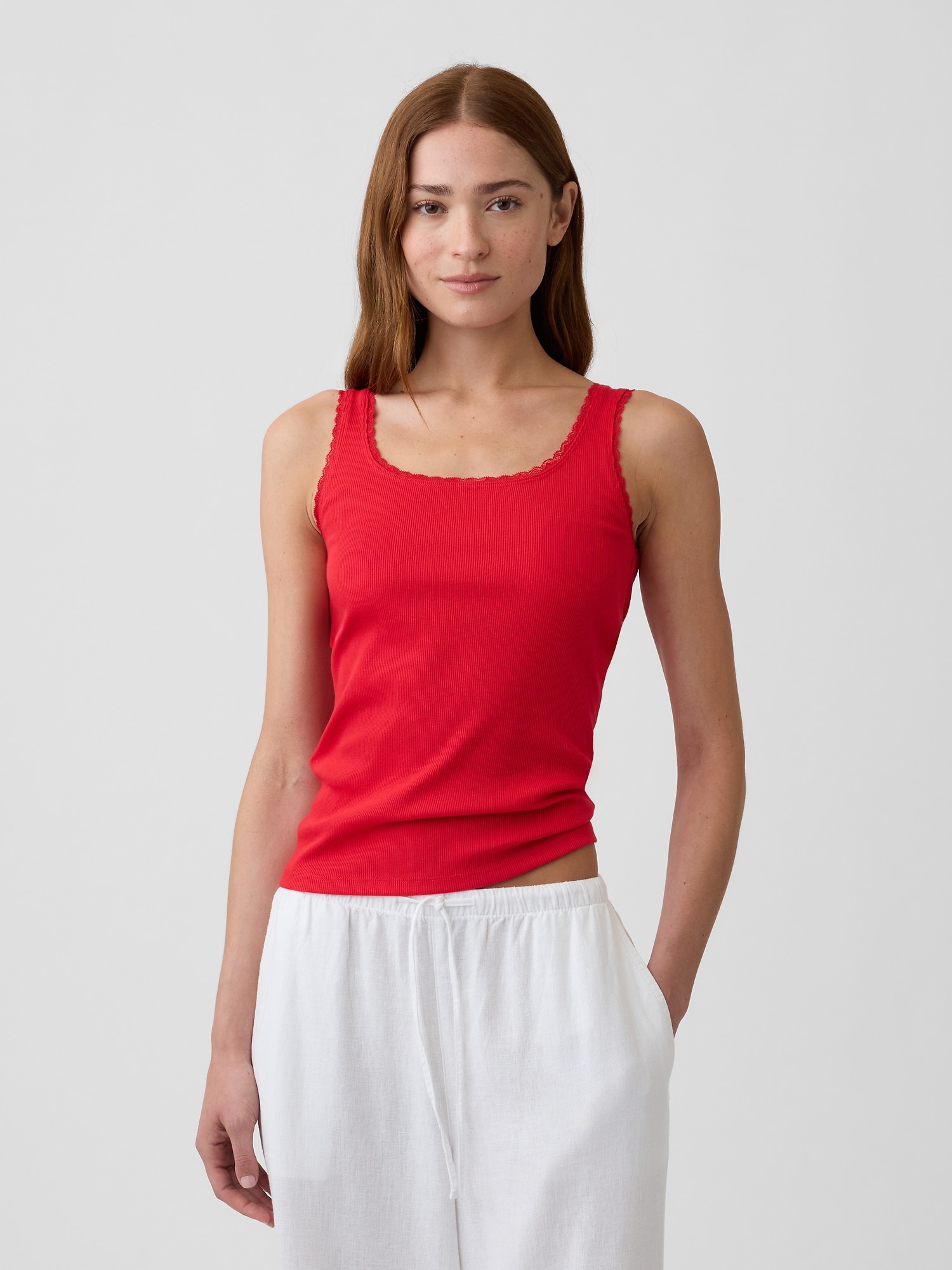 Ribbed Lace-Trim Tank Top