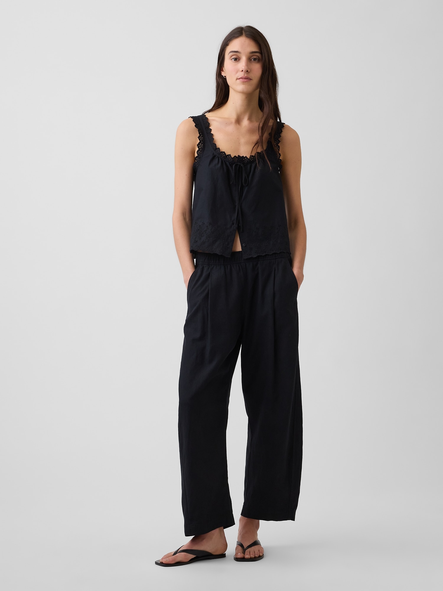 Linen-Blend Easy Barrel Pants