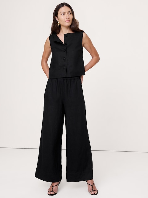 PANTALON À TAILLE HAUTE EXTENSIBLE À JAMBE LARGE EN LIN LONGUEUR CHEVILLE
