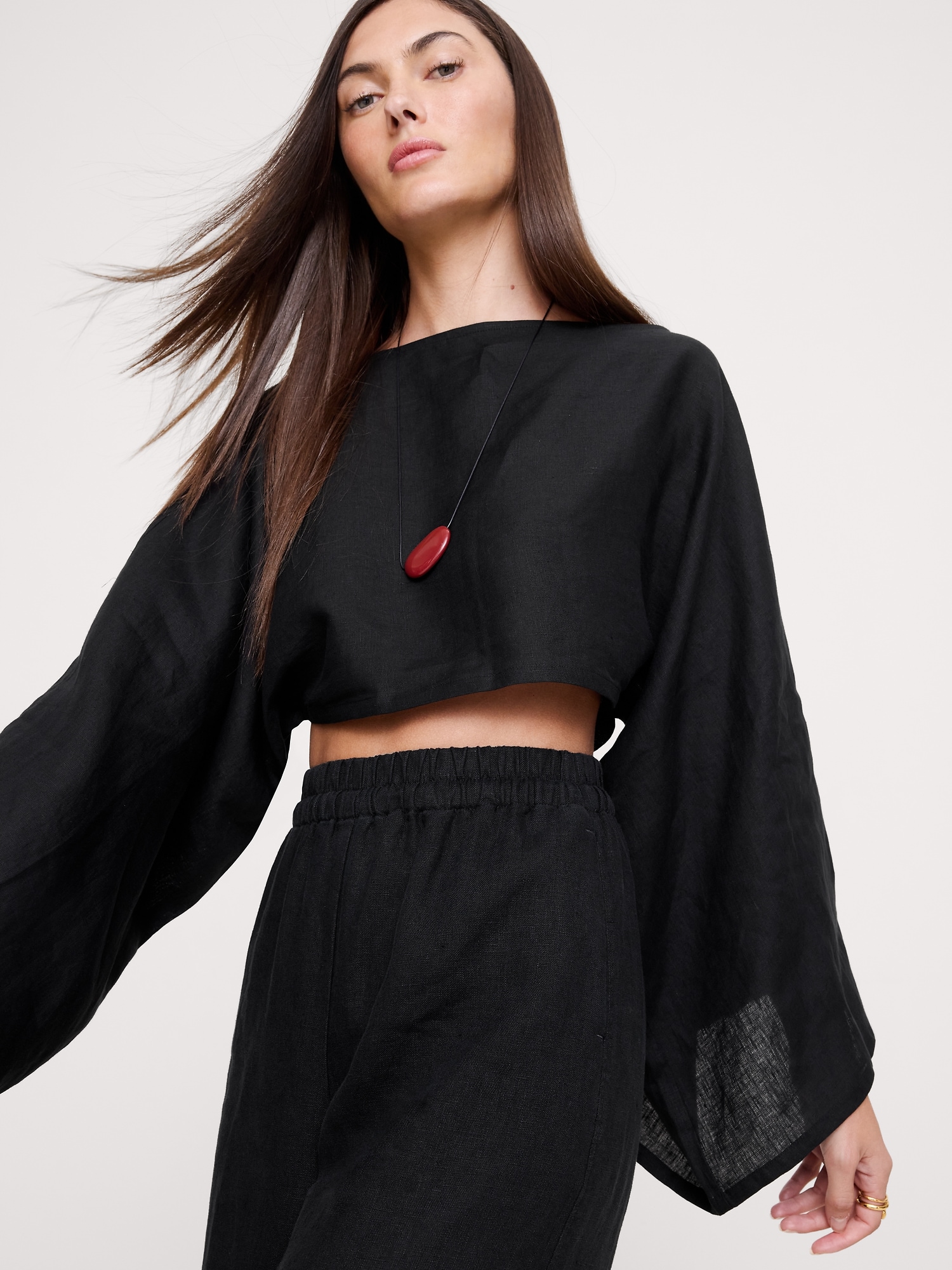 ハイライズ ワイドレッグ リネン プルオンアンクルパンツ-3