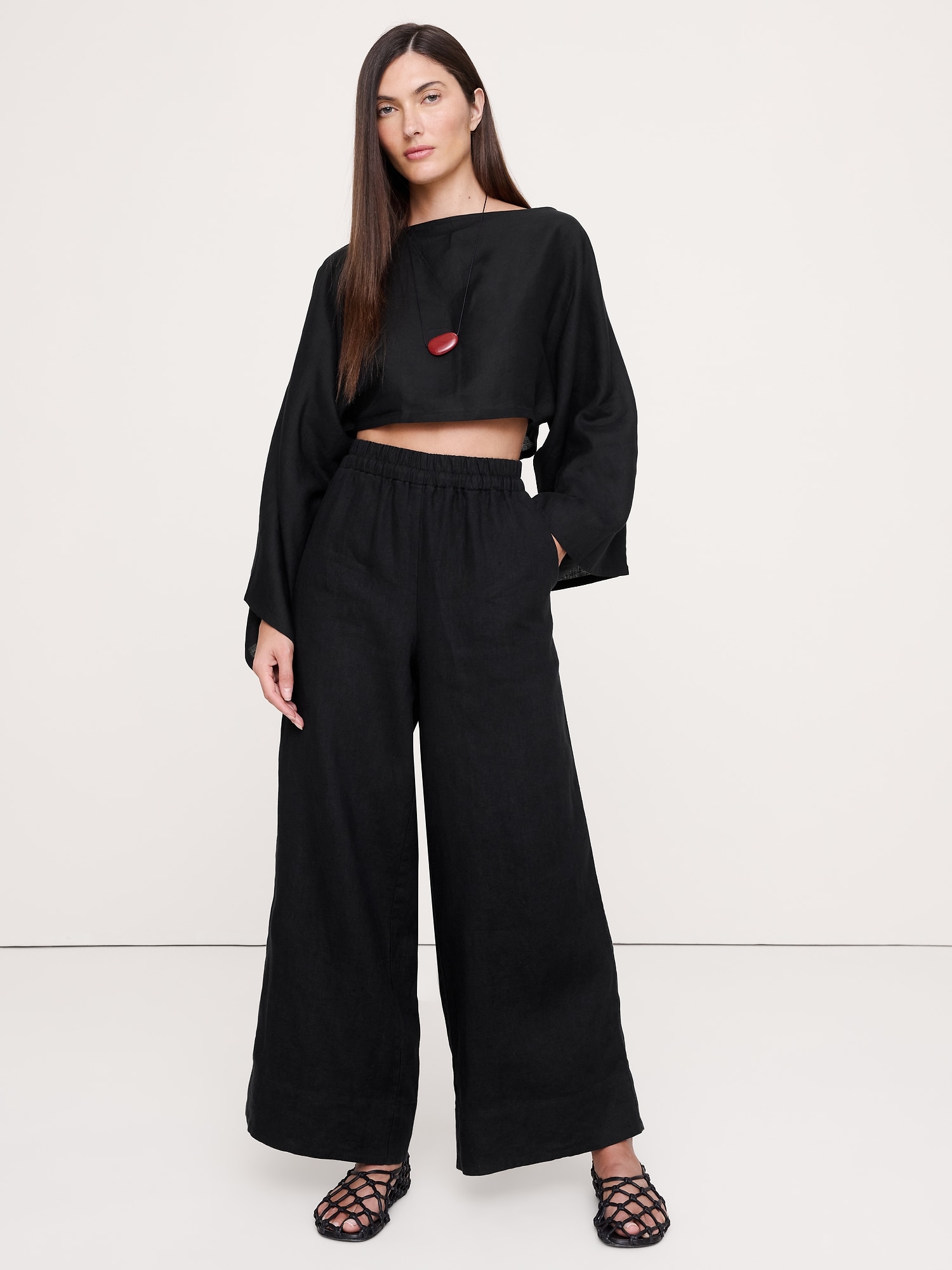 ハイライズ ワイドレッグ リネン プルオンアンクルパンツ-5