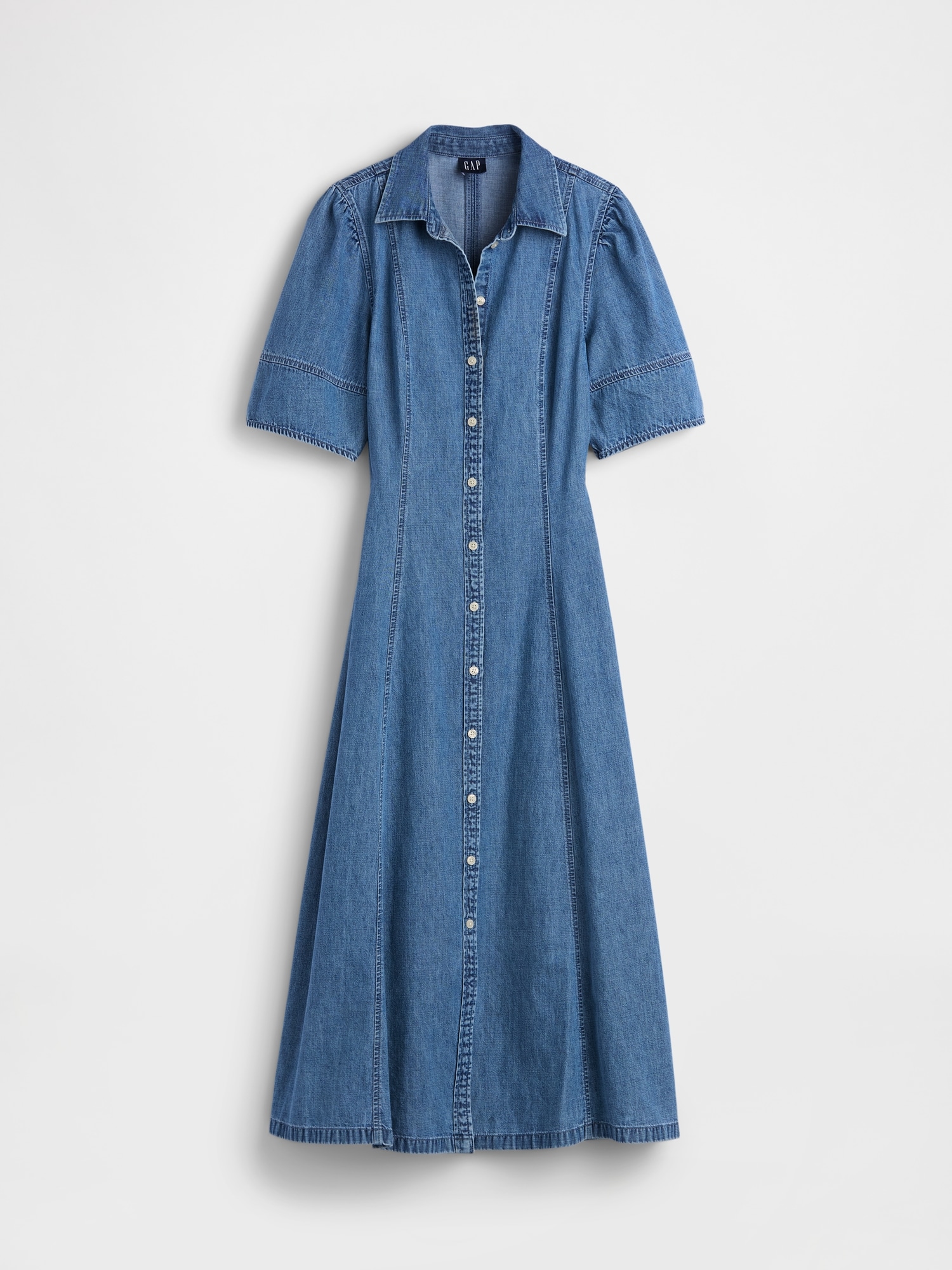 Denim Barrel-Sleeve Midi Shirtdress