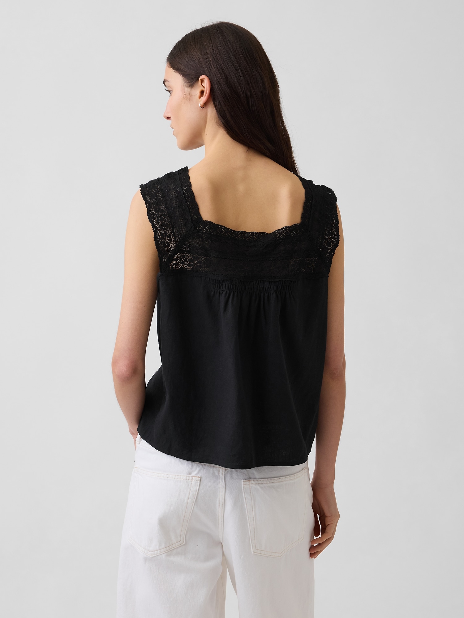 Linen-Blend Crochet Square-Neck Top