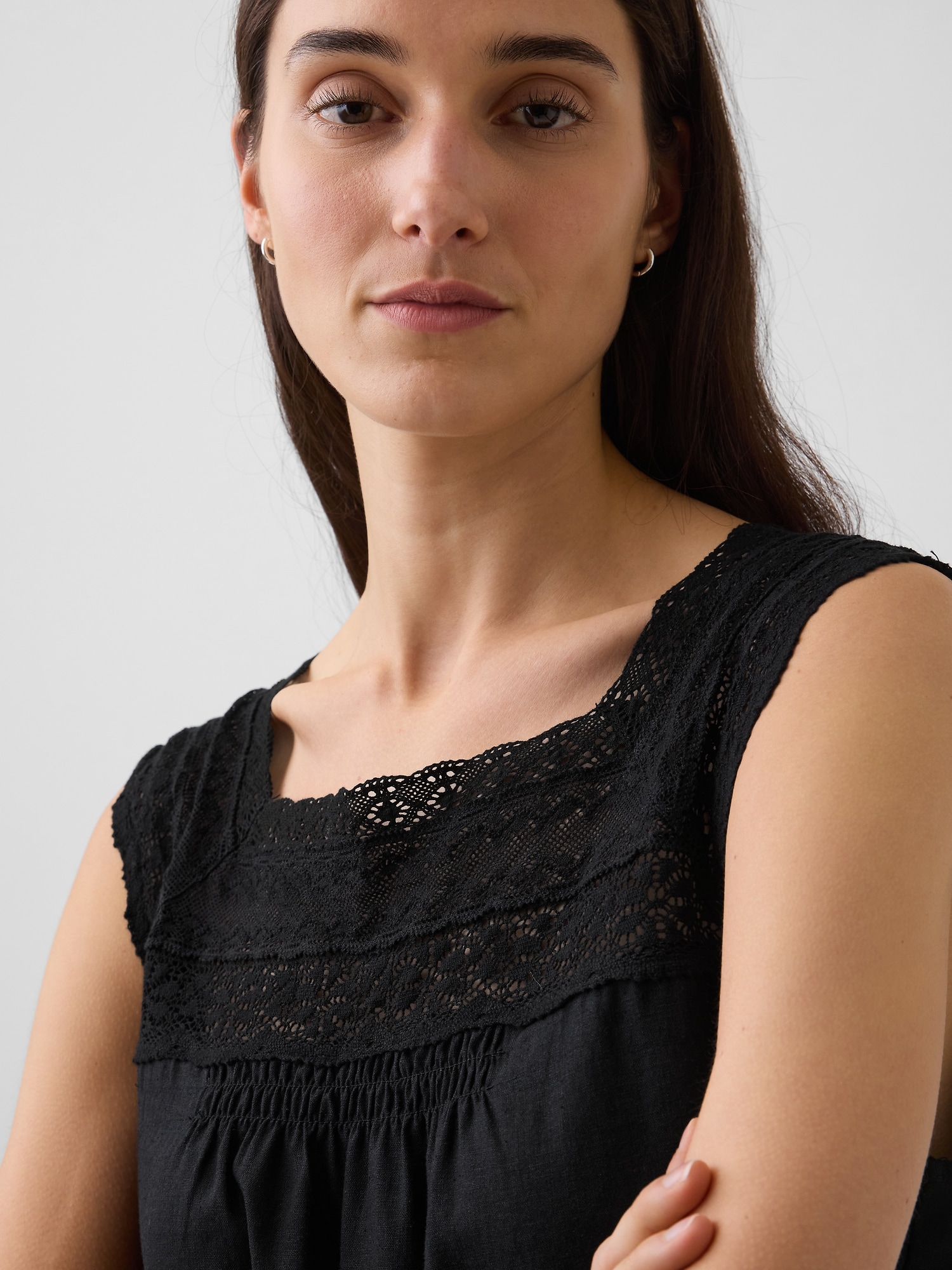 Linen-Blend Crochet Square-Neck Top