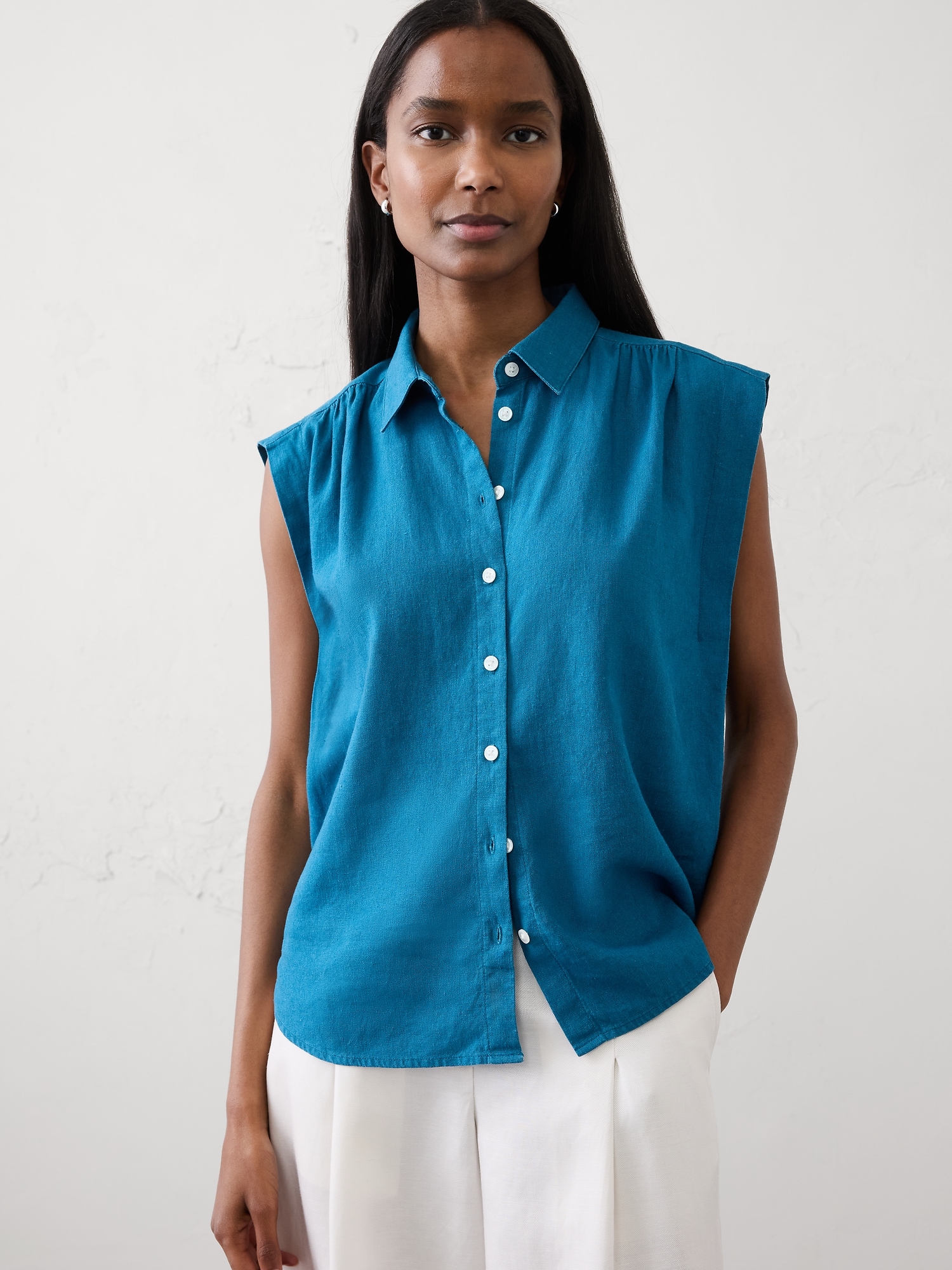 Linen-Blend Pleated Shirt