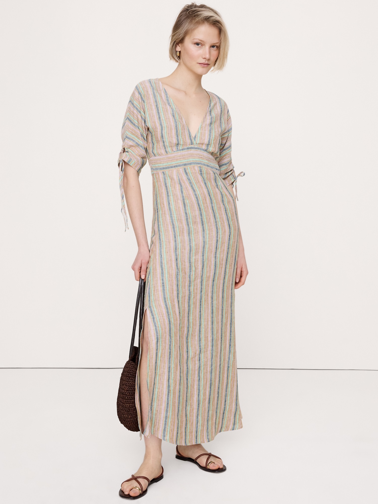 Linen Tie-Sleeve Midi Dress