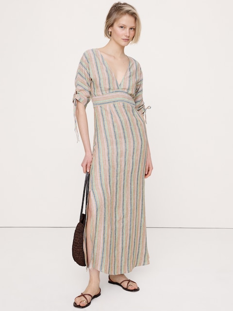 ROBE MI-LONGUE EN LIN AVEC MANCHES NOUÉES