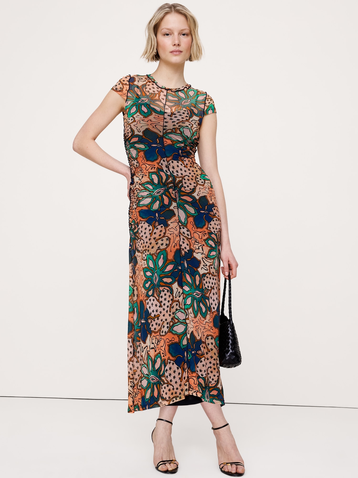 Ruched Mesh Short-Sleeve Midi Dress