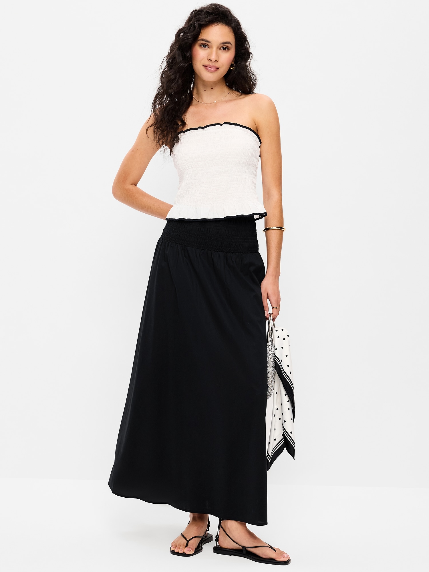 Twill Smocked-Waist Maxi Skirt