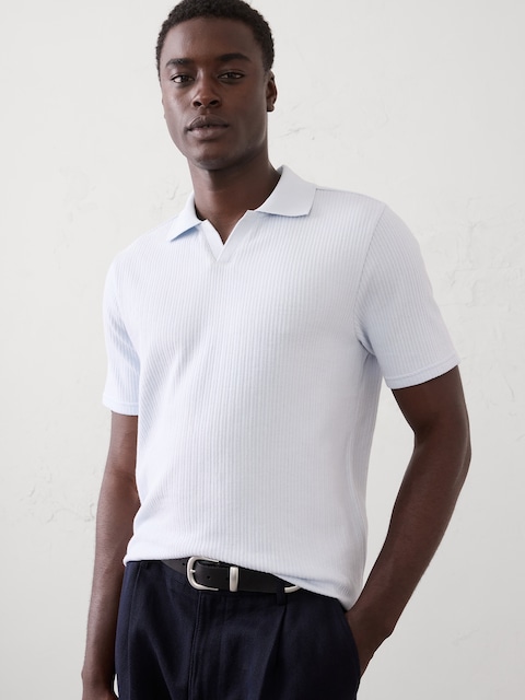 Crinkle Ribbed Johnny-Collar Polo