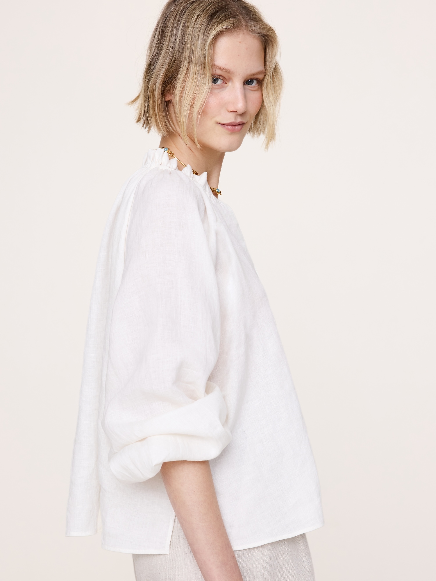 Linen Ruffle-Neck Top