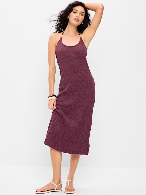 Beaded Halter-Neck Textured Midi Dress