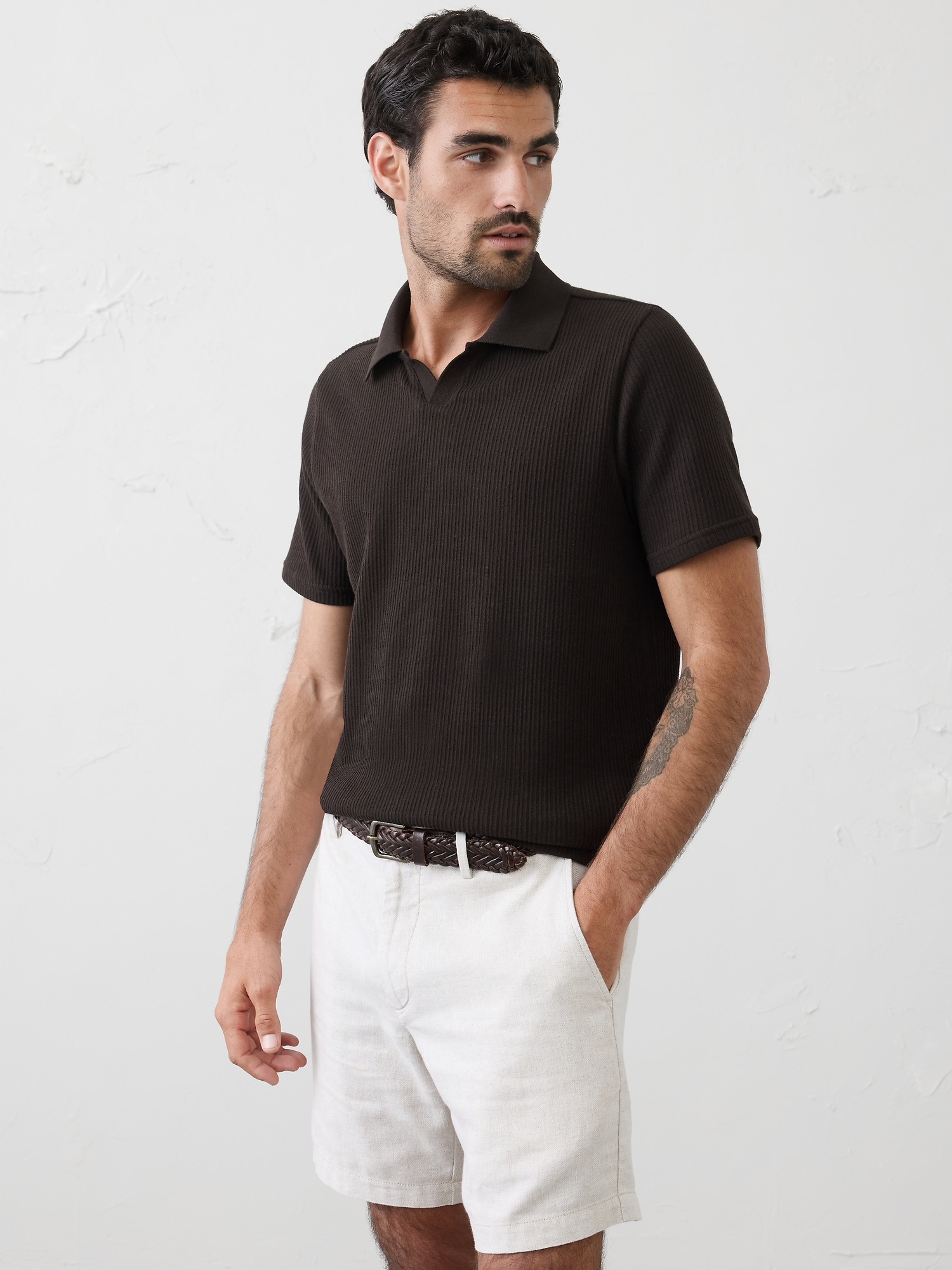 Crinkle Ribbed Tipped Collar Shirt