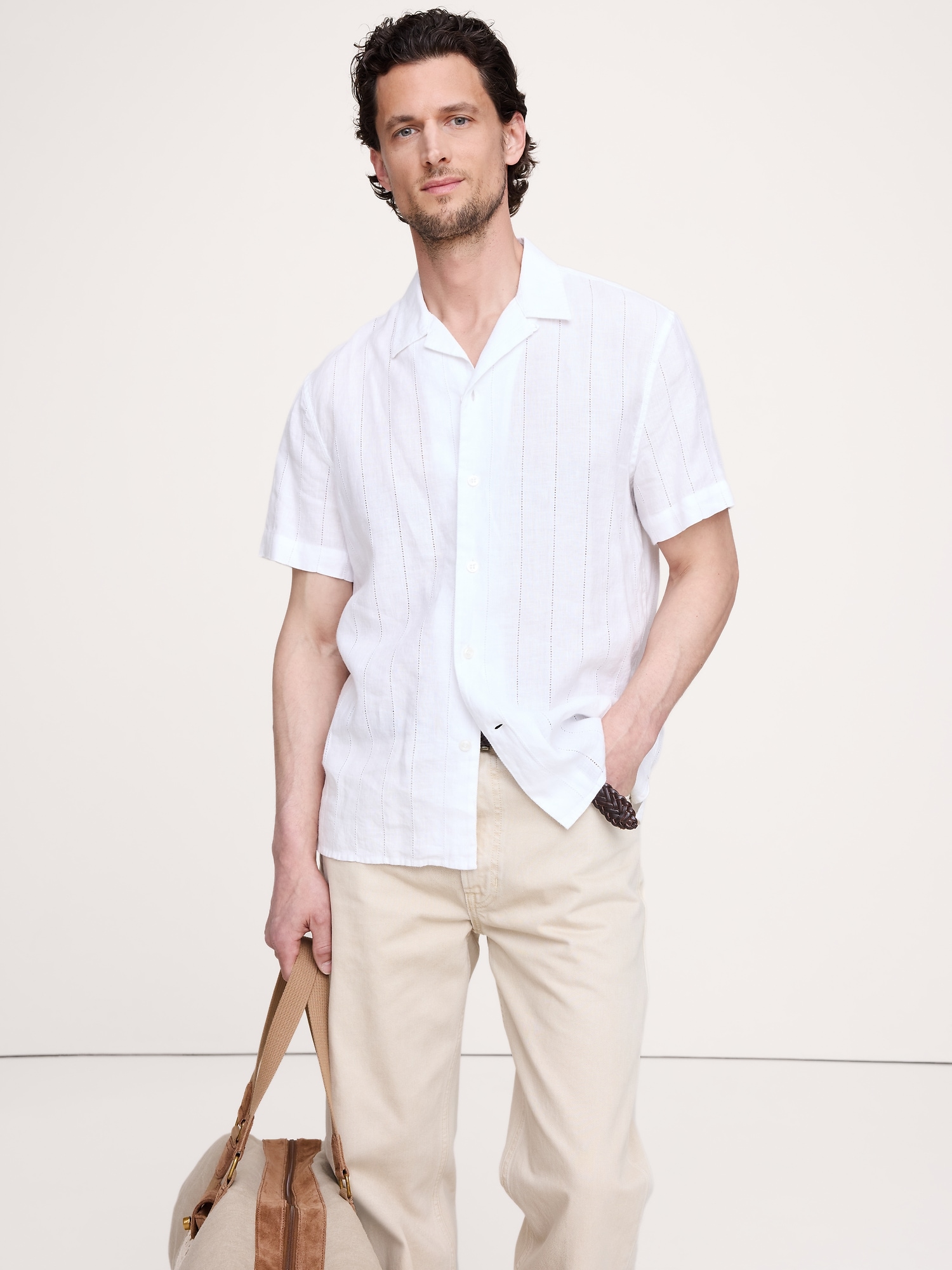 Standard-Fit Linen-Cotton Eyelet Stripe Resort Shirt