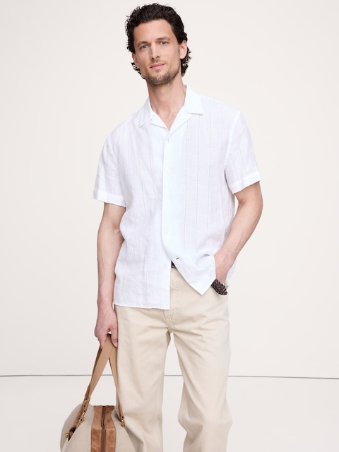 CHEMISE DE VACANCES COUPE STANDARD À RAYURES ET MOTIF AJOURÉ EN LIN ET COTON