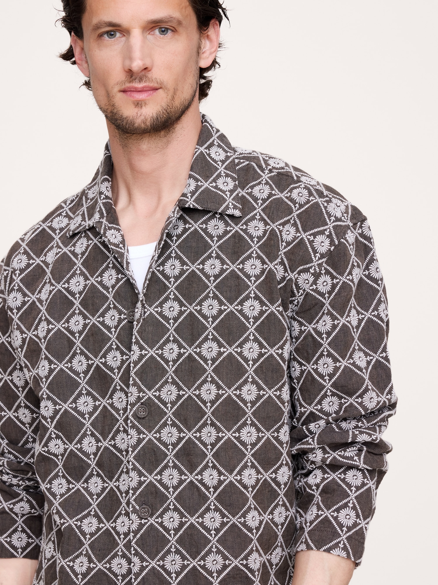 Relaxed-Fit Embroidered Linen Long-Sleeve Resort Shirt