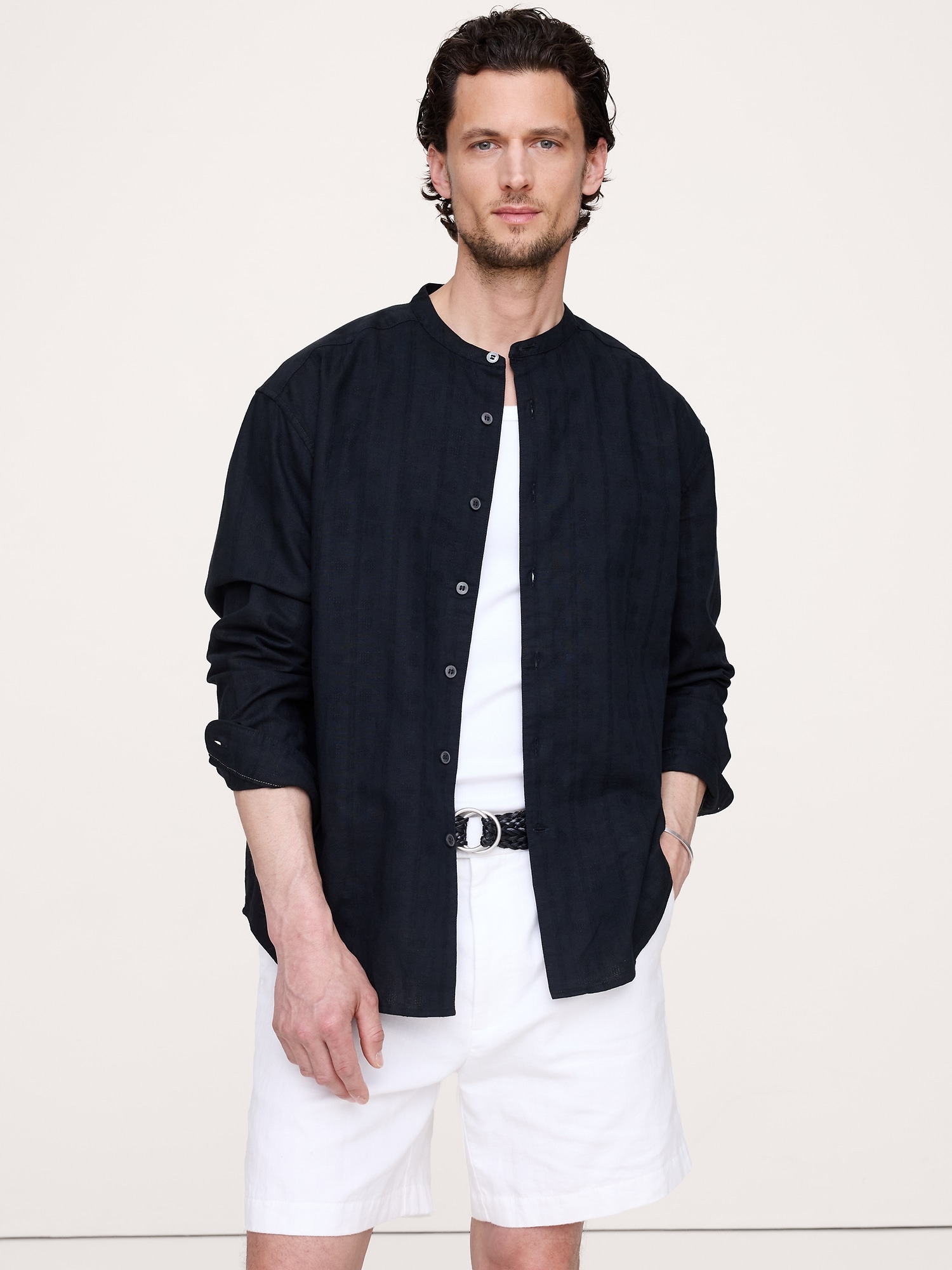 Relaxed-Fit Cotton-Linen Banded-Collar Shirt