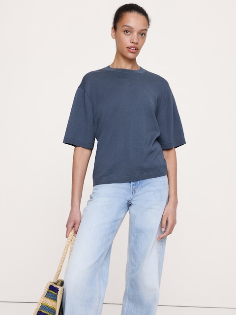 T-SHIRT EN MÉLANGE DE COTON ET SOIE PIED D'ALOUETTE