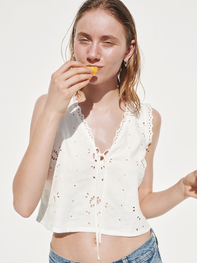 リネンブレンド 刺しゅう クロップド シェルタンクトップ-5