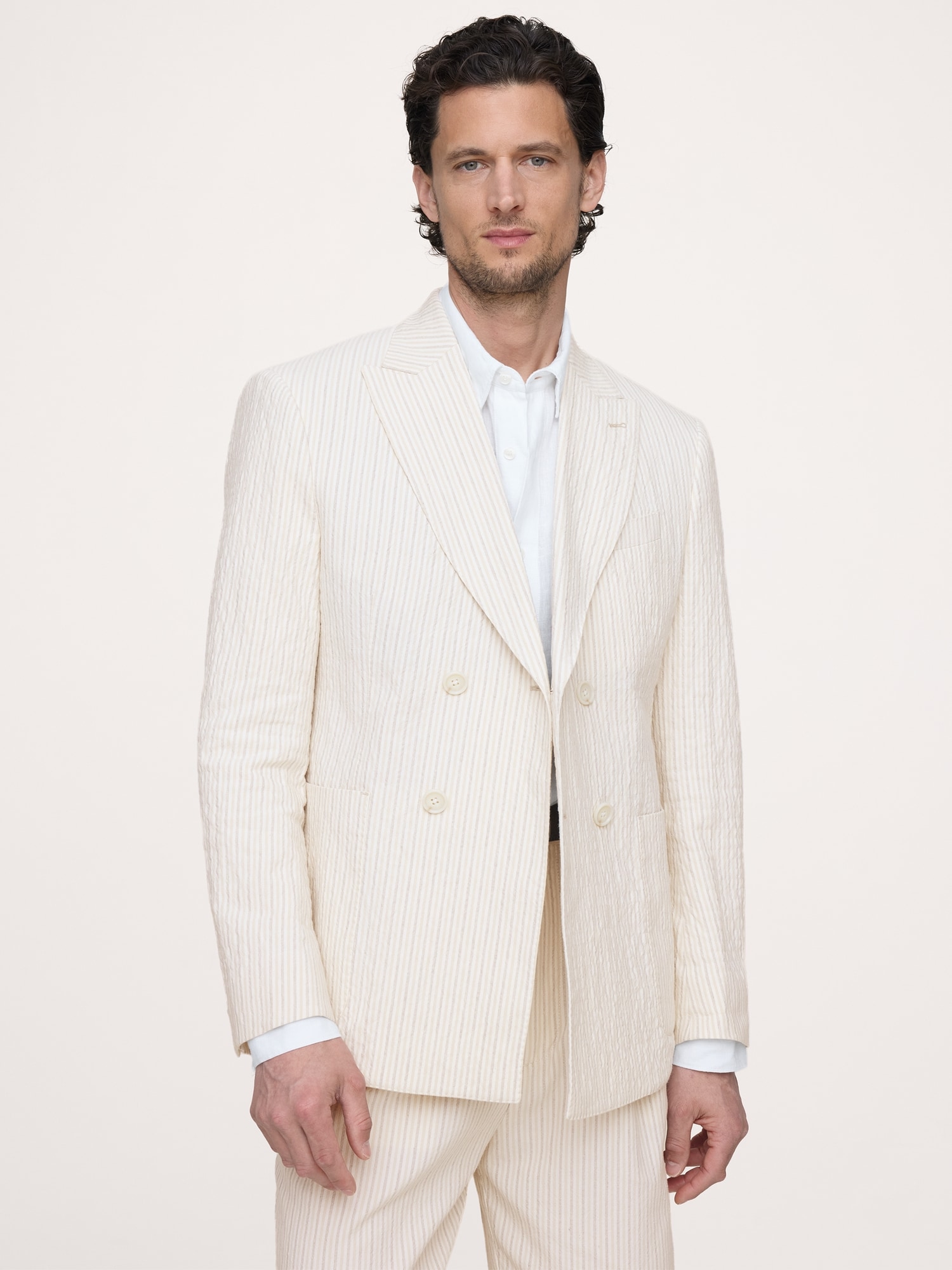 VESTE DE COMPLET CROISÉE EN MÉLANGE GAUFRÉ DE COTON ET LIN ITALIEN