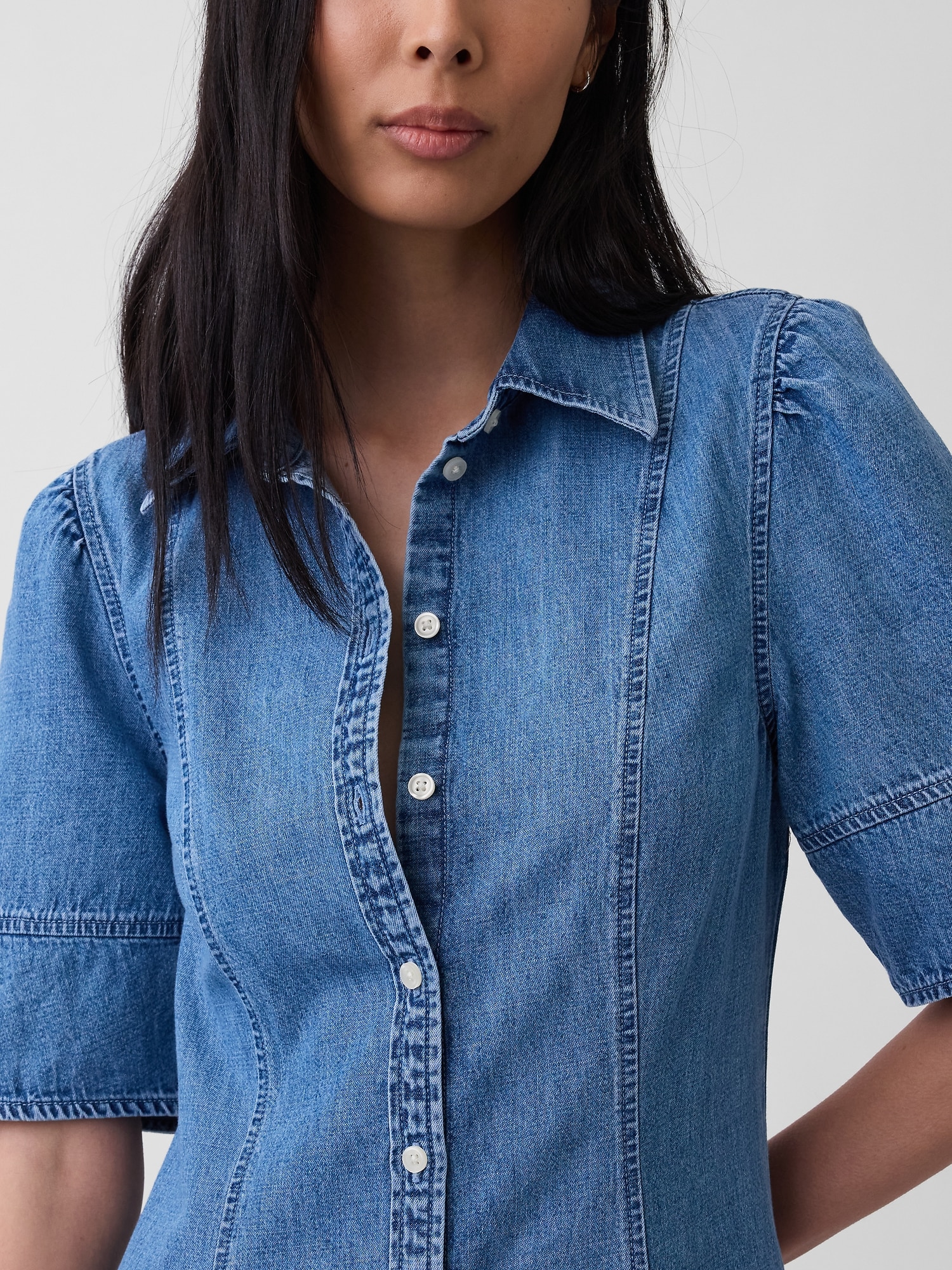 Denim Barrel-Sleeve Midi Shirtdress