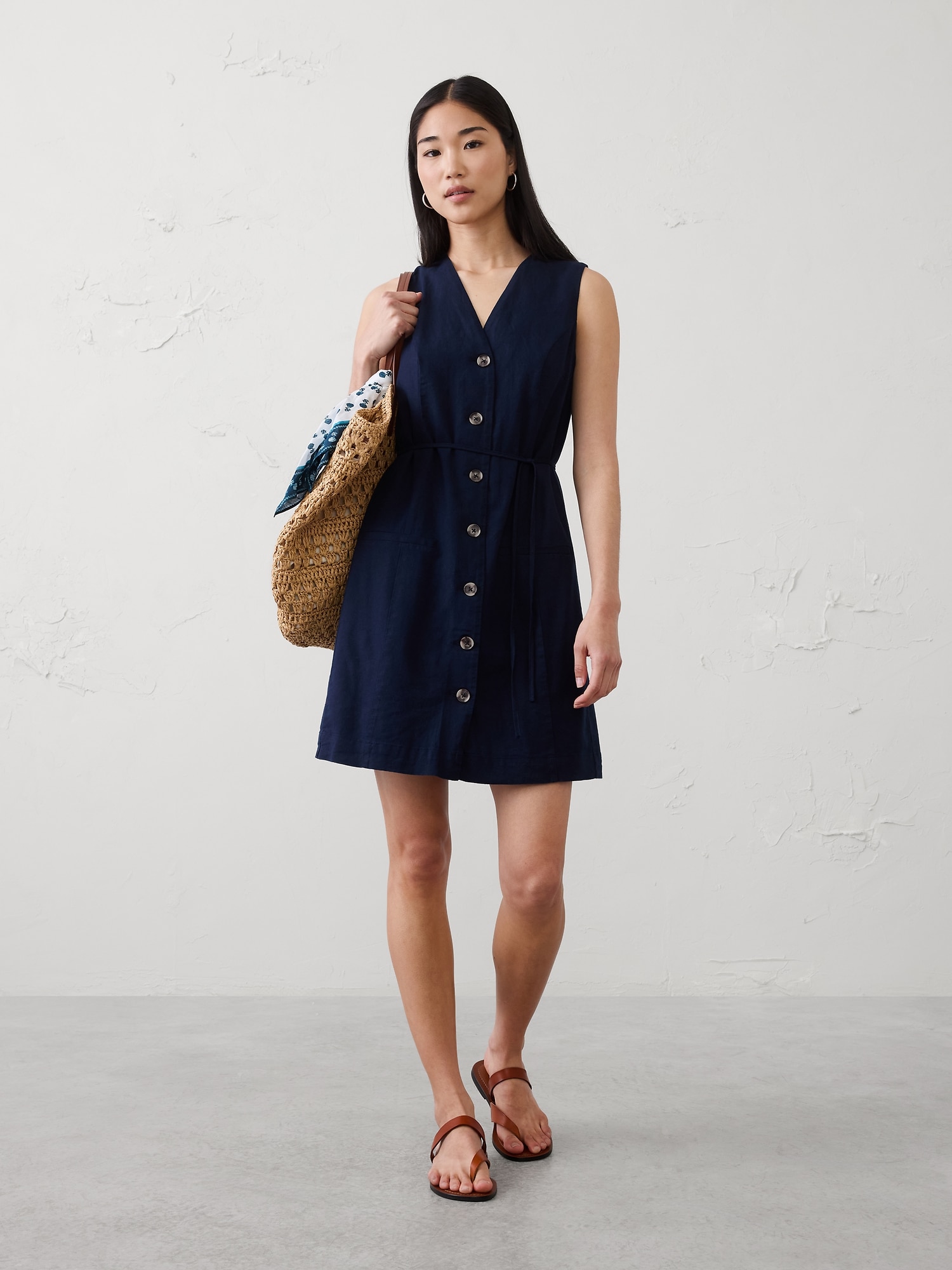 Linen-Blend Button-Front Above-Knee Dress