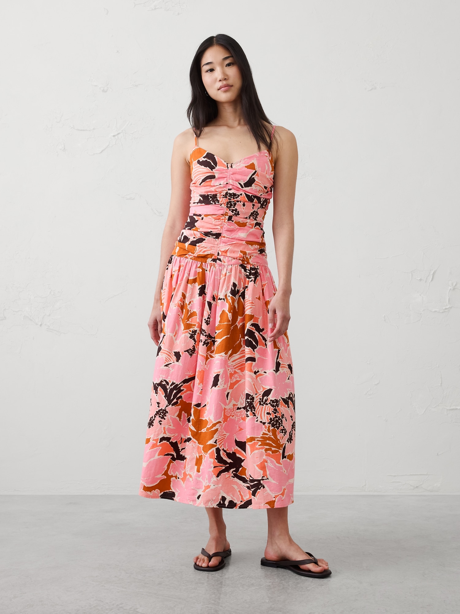 Linen-Blend Strappy Ruched-Bodice Maxi Dress