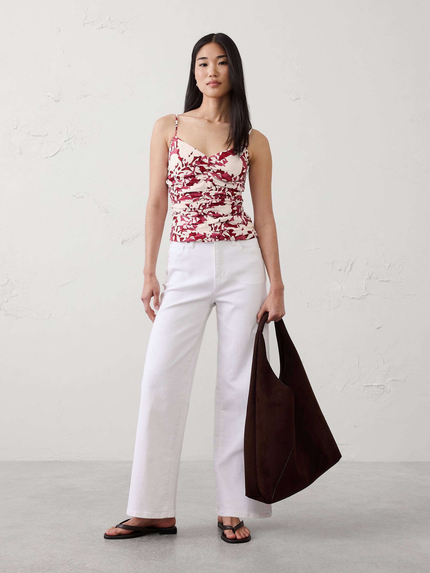 Linen-Blend Strappy Ruched Top