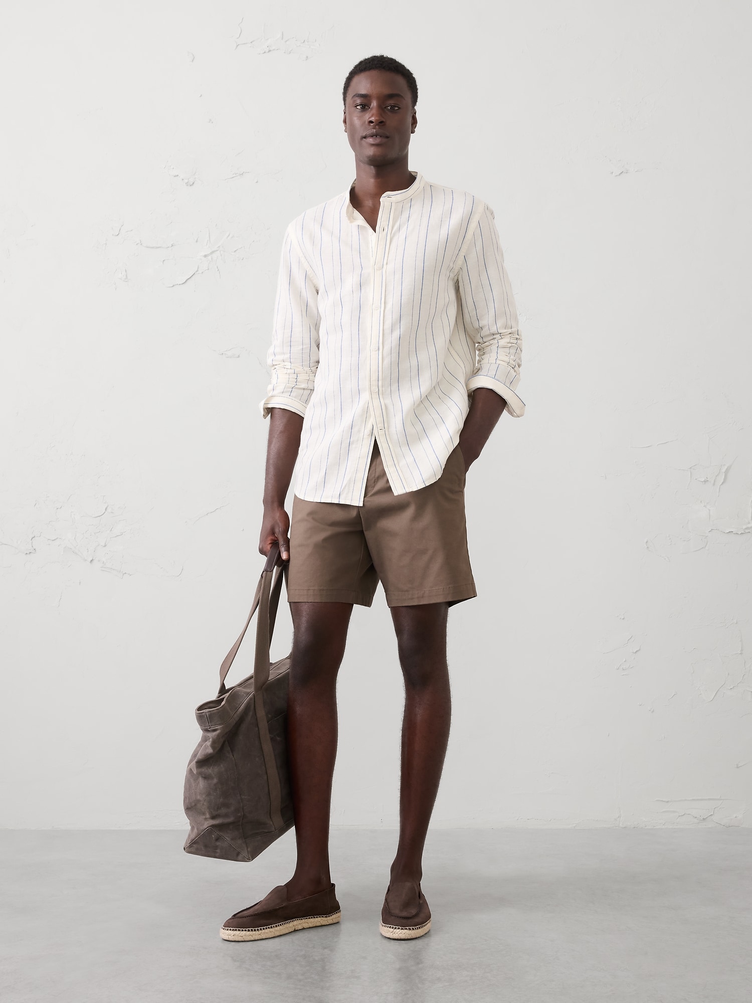 Slim-Fit Linen-Blend Banded-Collar Shirt