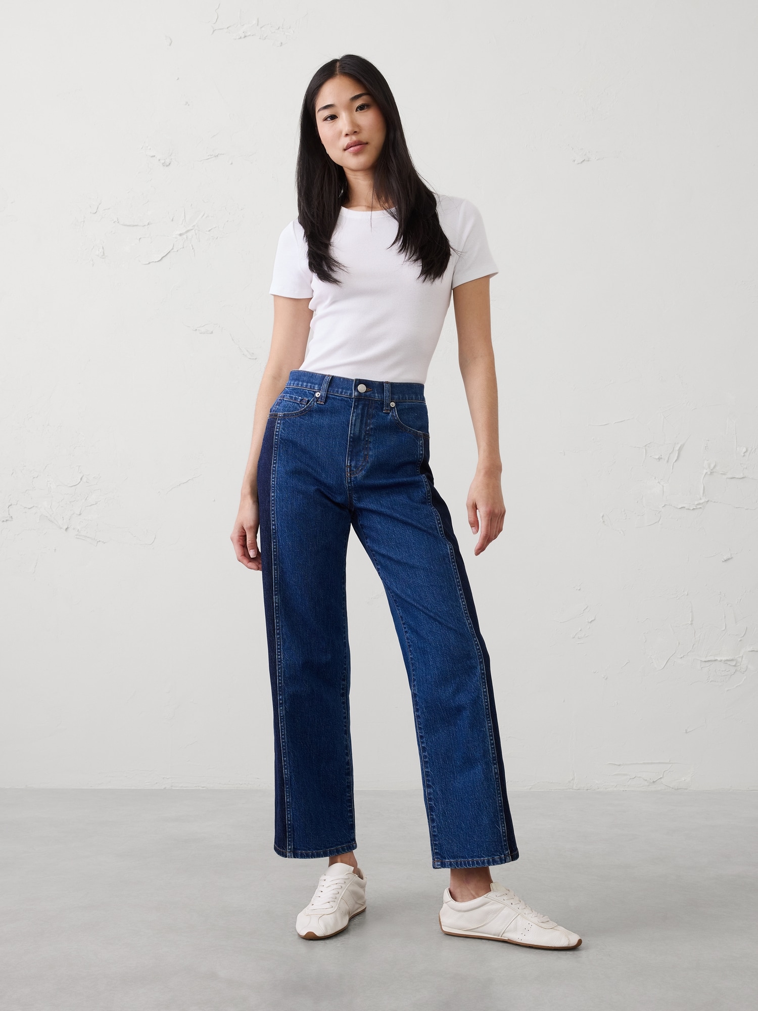 Straight High-Rise Contrast Pieced Jean