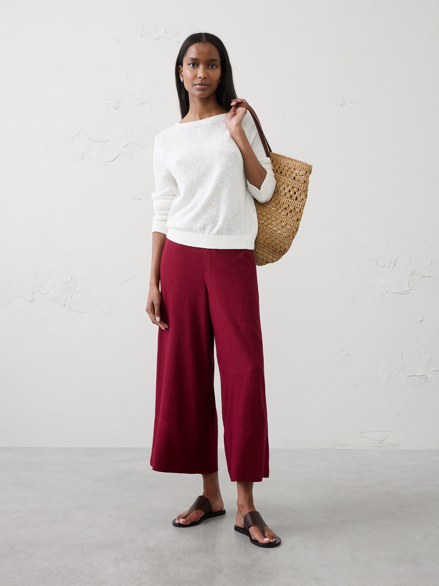 PANTALON TOUT-ALLER COURT À JAMBE LARGE ET TAILLE HAUTE EN MÉLANGE DE LIN
