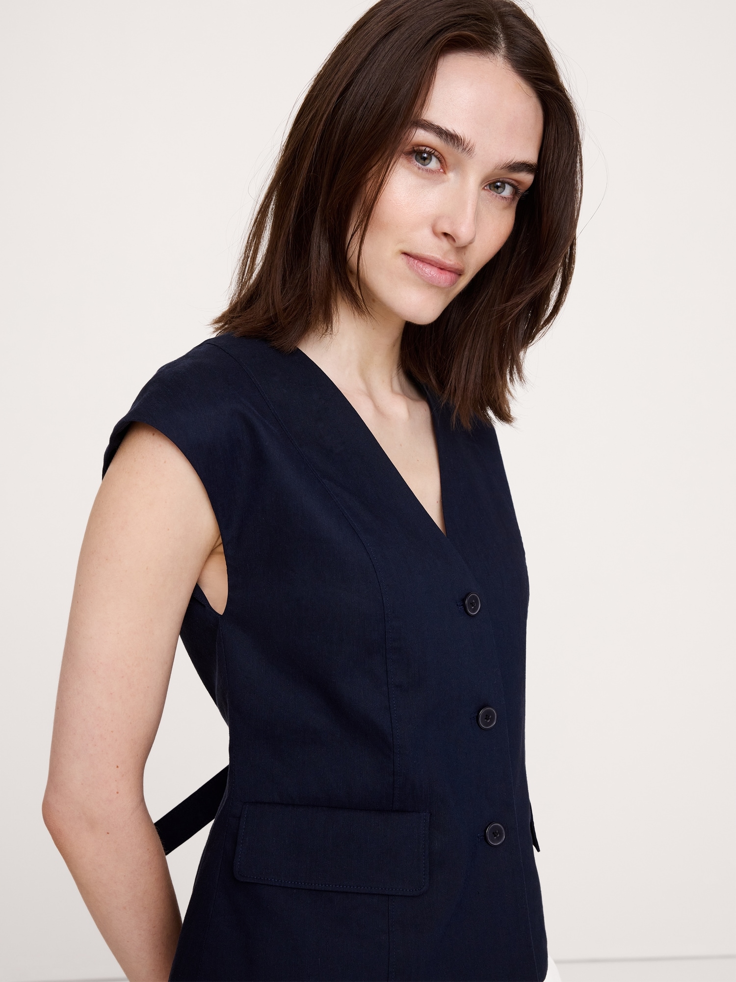 ストレッチ リネン ビスコース ベスト-3