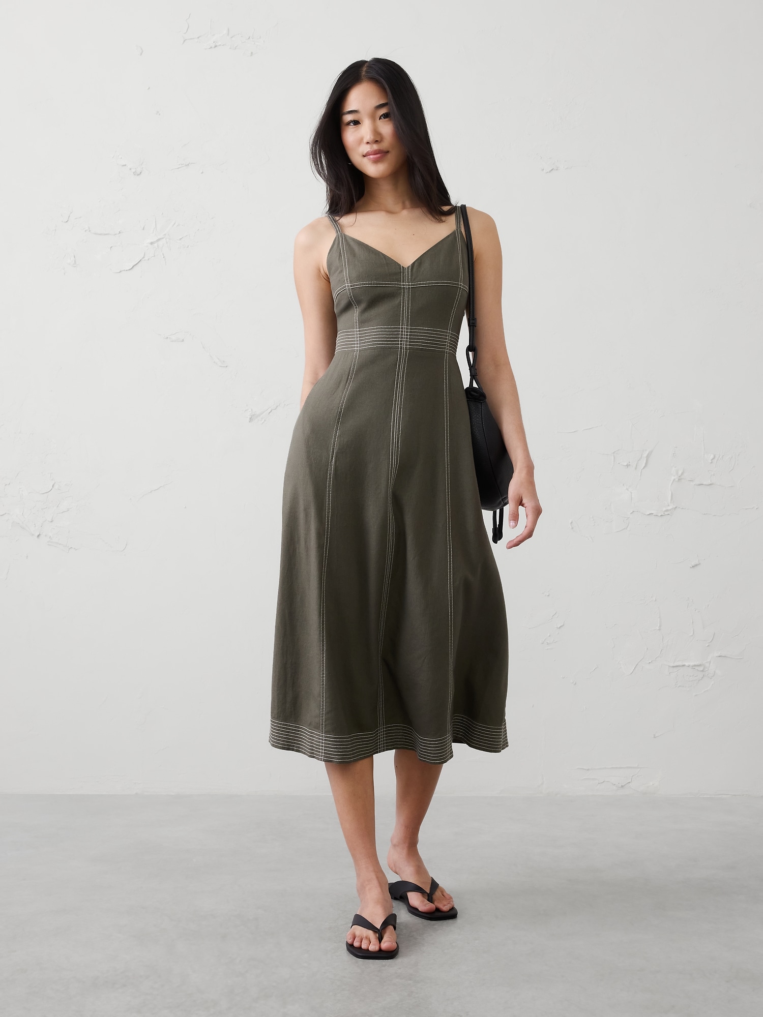 Linen-Blend Contrast Stitch Midi Dress