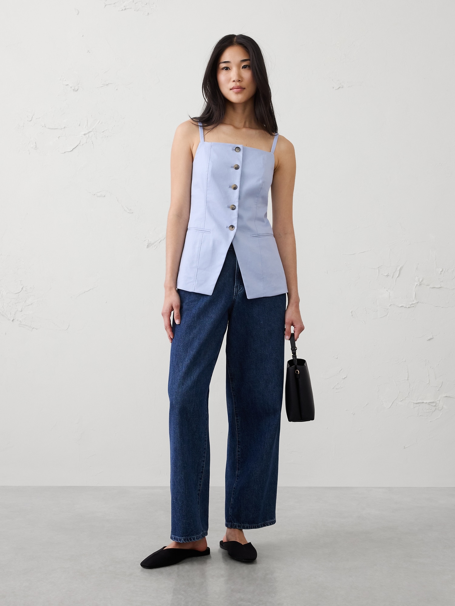 Linen-Blend Square-Neck Cutaway Vest