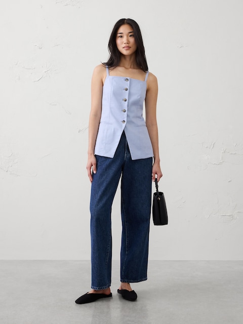 GILET À ENCOLURE CARRÉE À DÉCOUPE EN MÉLANGE DE LIN
