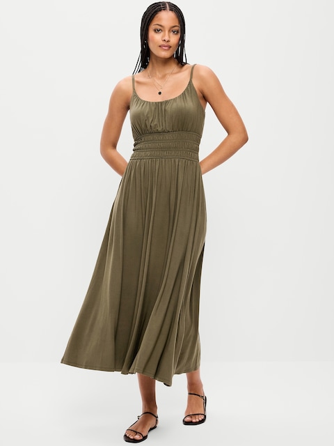 Fit & Flare Jersey Smocked-Waist Midi Dress