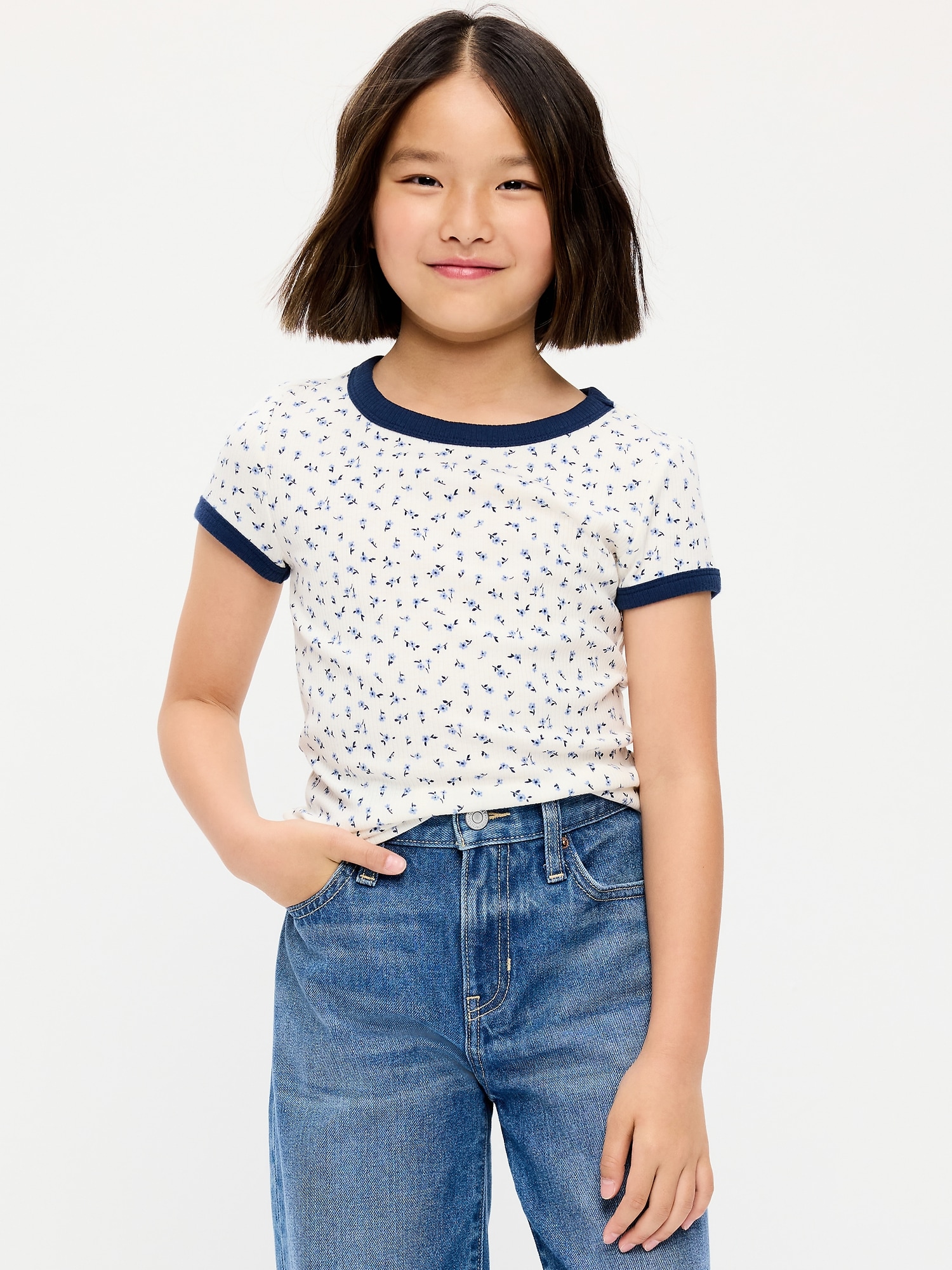 Fitted Short-Sleeve Ribbed Ringer T-Shirt for Girls